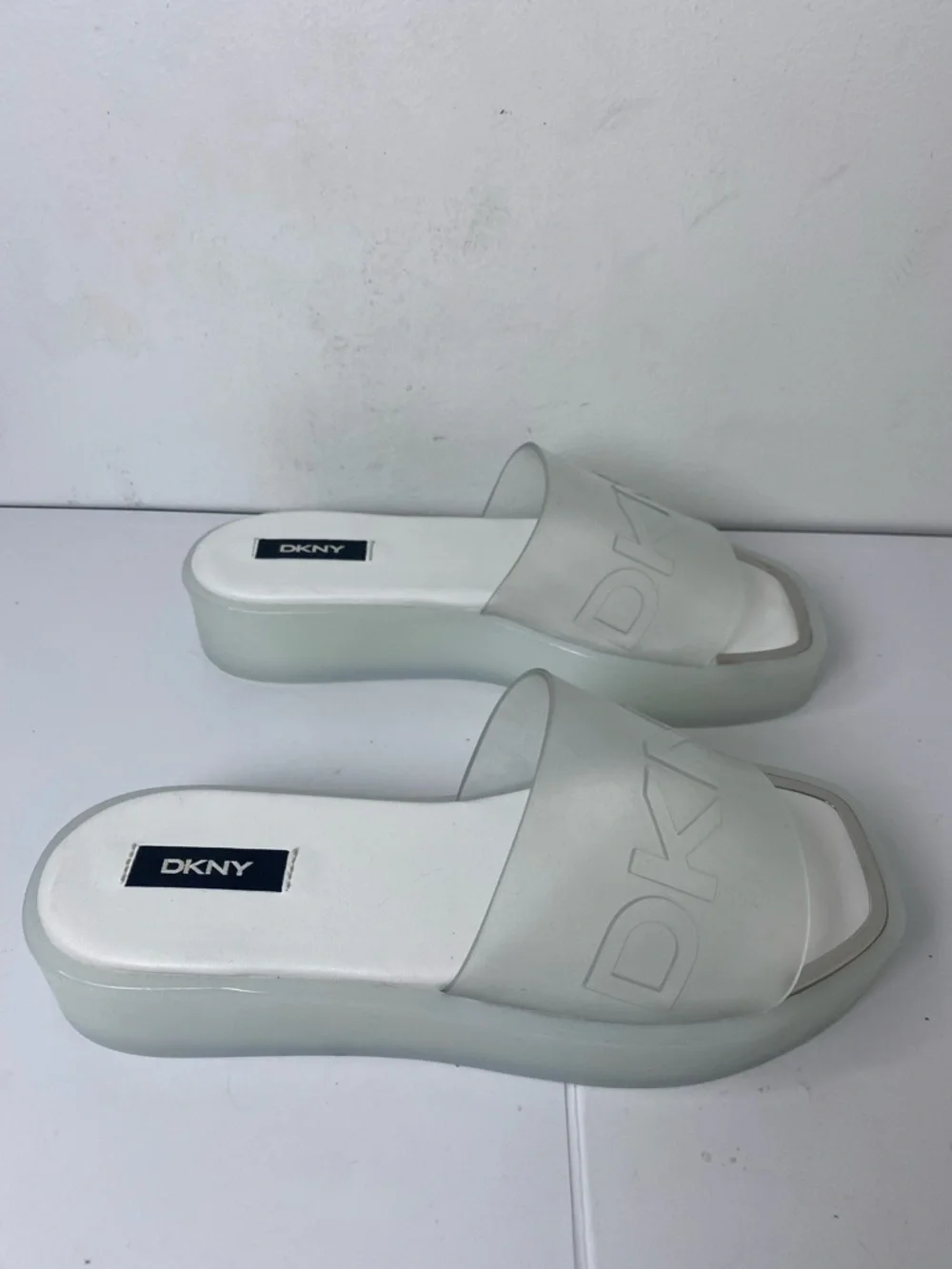 DKNY New White Clear Platform Slide Sandals